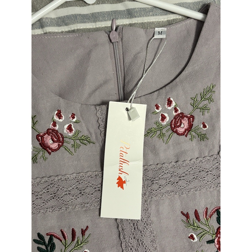NWT Petal Lush Women Floral Midi Dress Purple Embroidered Lace Cotton Cottage M - Picture 9 of 13